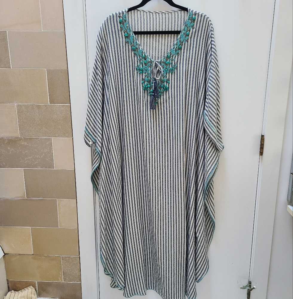 Cotton and Linen Striped Kaftan Dress with Beaded Accents. One size. NWOT